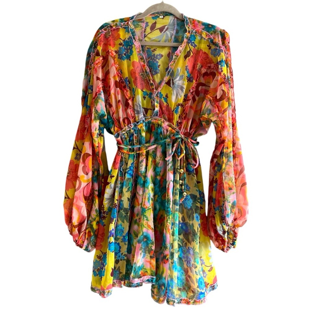 Zimmermann Estelle Billow V-Neck Chiffon Mini Dress Spliced Floral Womens, M